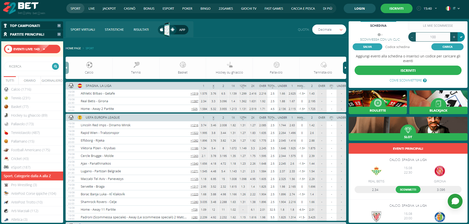 22Bet Sezione scommesse